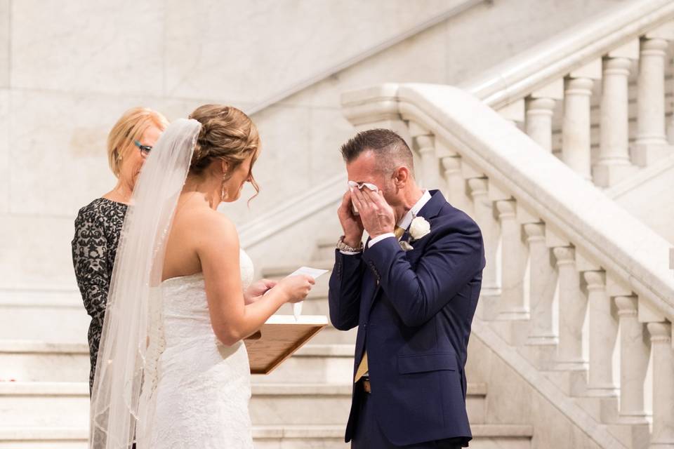 Emotional groom during vows