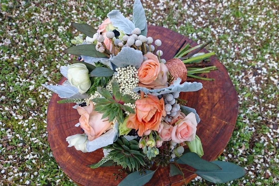 Succulents and peach roses