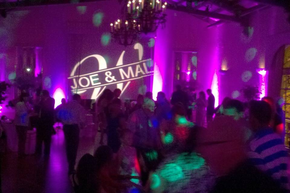 Up lighting, monogram, dance lights.