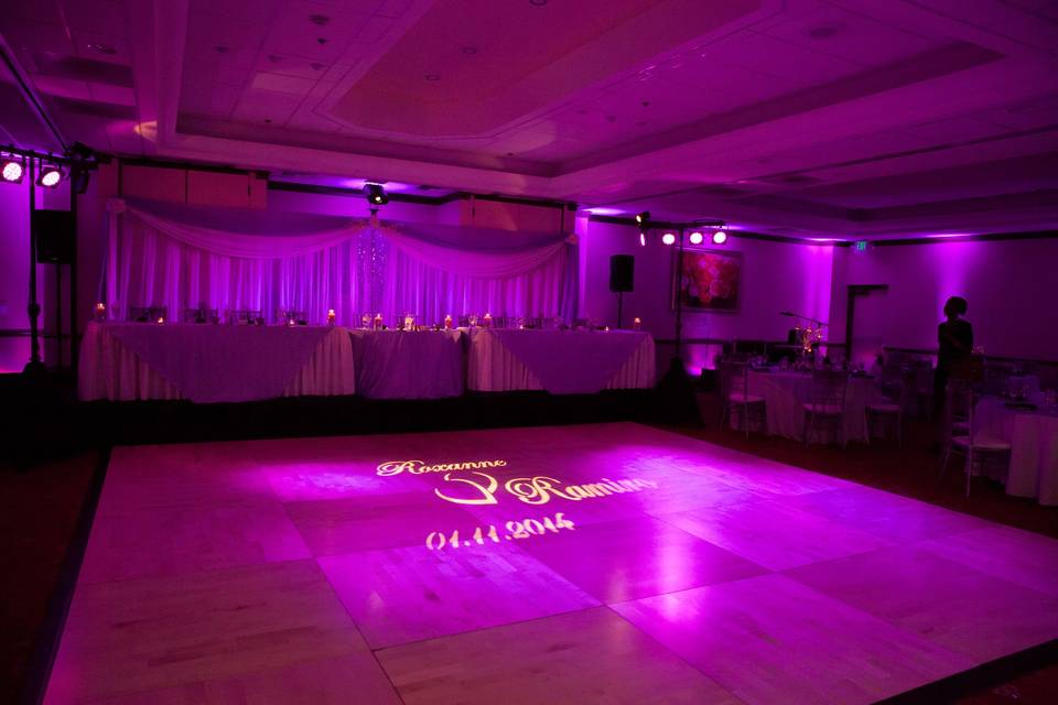 Lighting, monogram and dj services by deejaypros. Photo provided by fil morales of morales images.