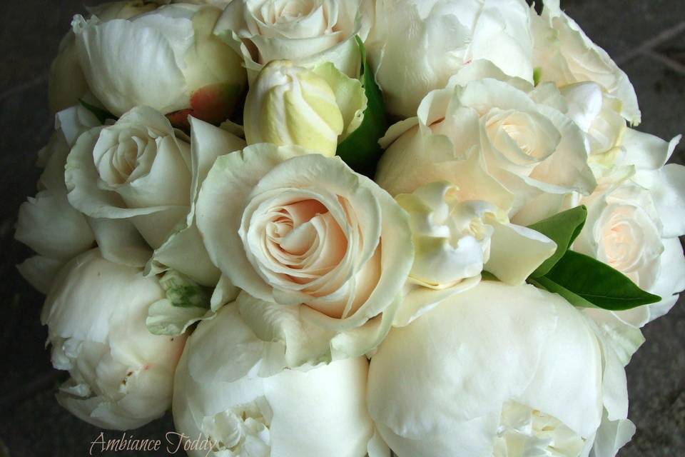 White peonies, Vendela roses and gardenia blooms comprise this bridal bouquet.