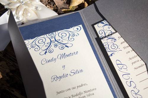 Gorgeous Steel Grey Metallic Pocket Invitation with navy blue and ivory accents.