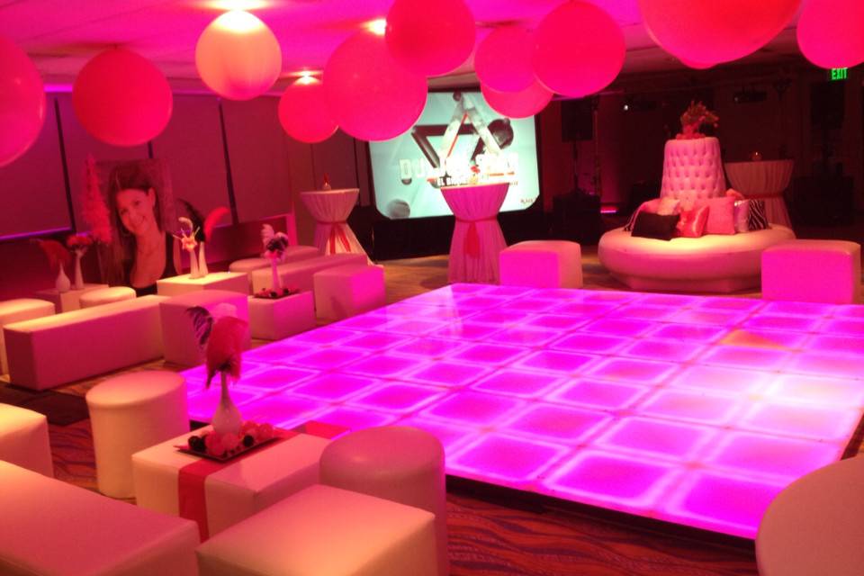 Illuminated Dance floor and globes, great for sweet sixteen's, (Quinceaneras) and any type of event or wedding