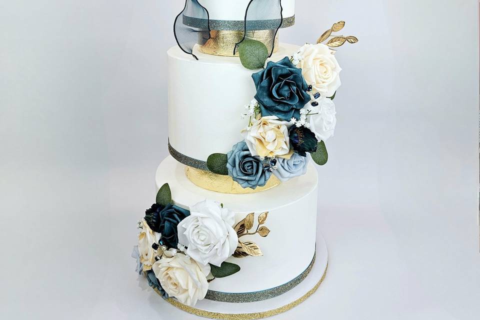 Teal and Gold Floral Cake