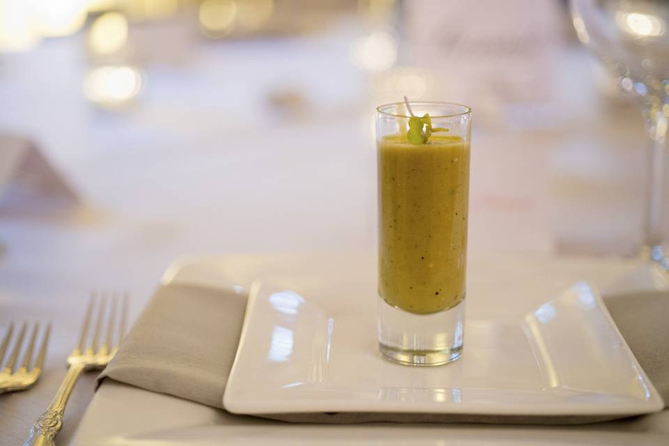 Tomatillo & Avocado Gazpacho Amuse Bouche with Three Leaf Farm Radish Sprouts