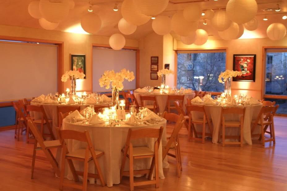 Fabric Draping, Crystal Chandeliers & Amber Uplighting Transform the Boulder Museum of Contemporary Art's Event Space