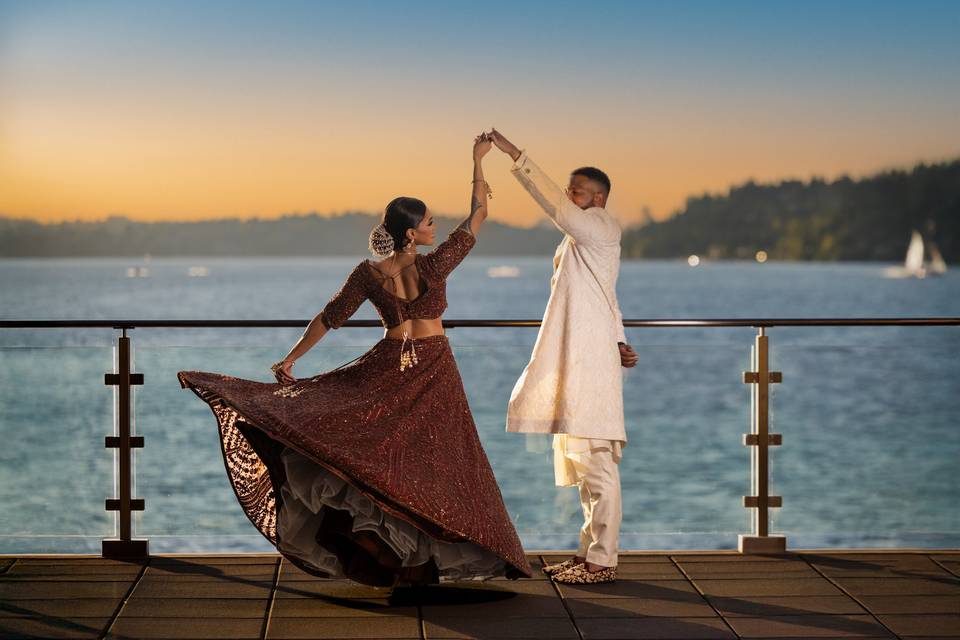 Bride and groom twirl