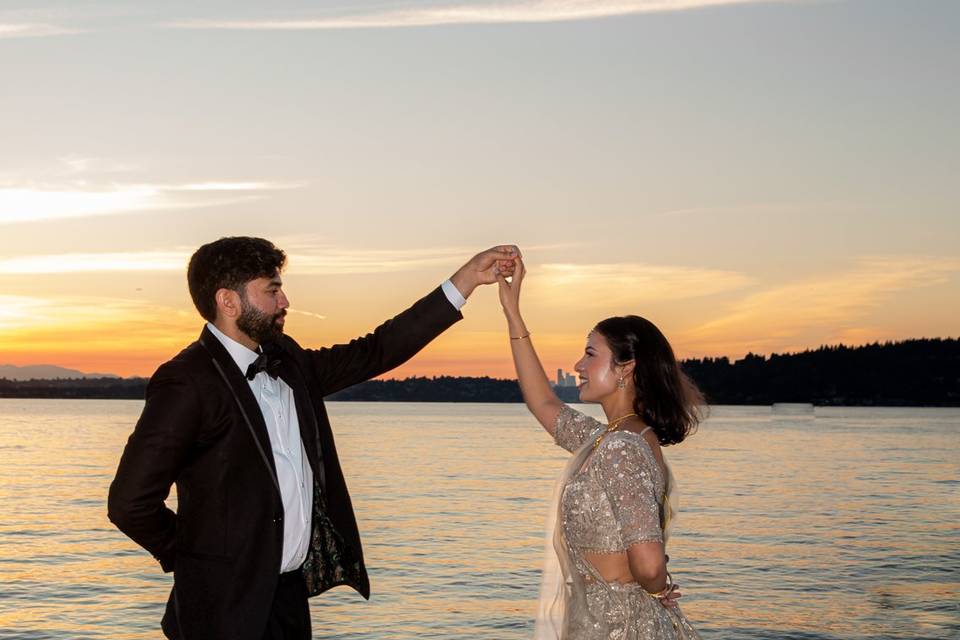 Bride and groom sunset.