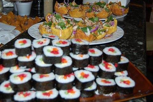 Appetizers-Oriental Chicken Salad in Won Ton cups, Maki Sushi