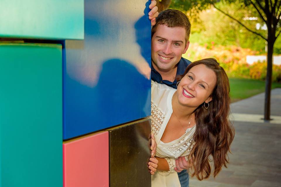 engagement photo in sculpture garden downtown Houston