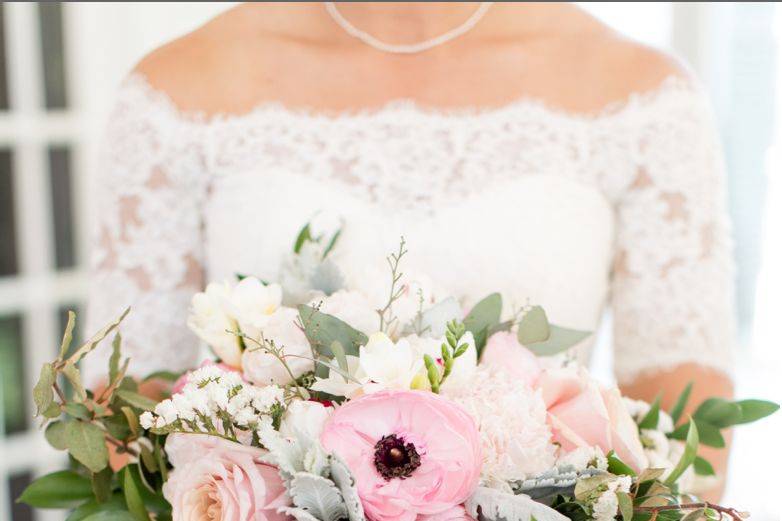 Bridal dress and bouquet