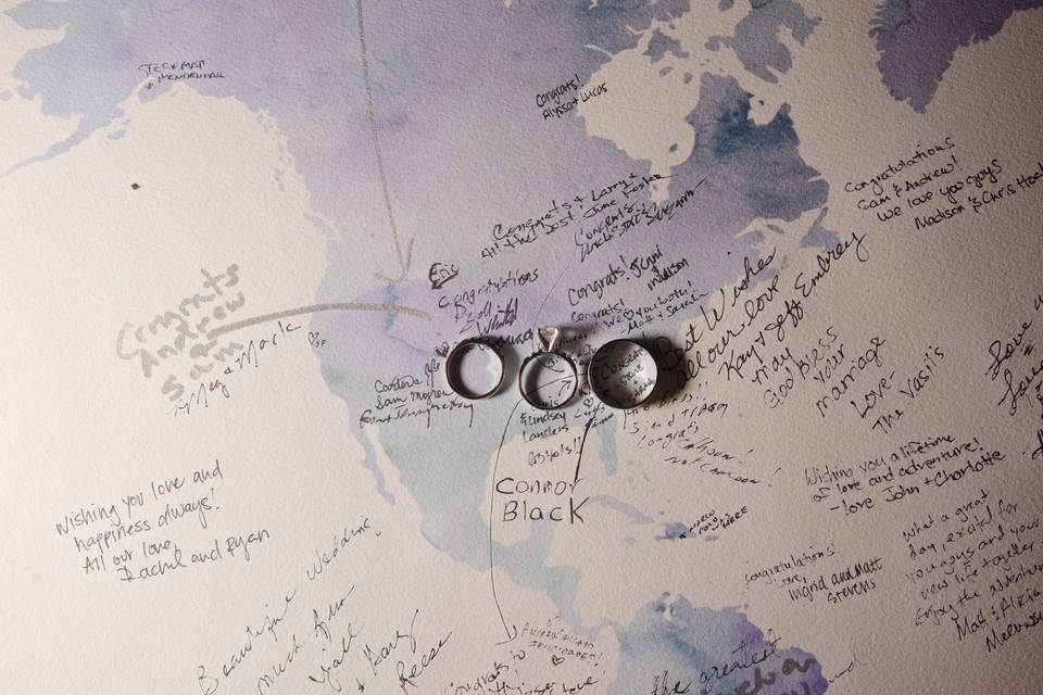 Map for guests to sign as guest book... with wedding rings.  Justin Wright Photography