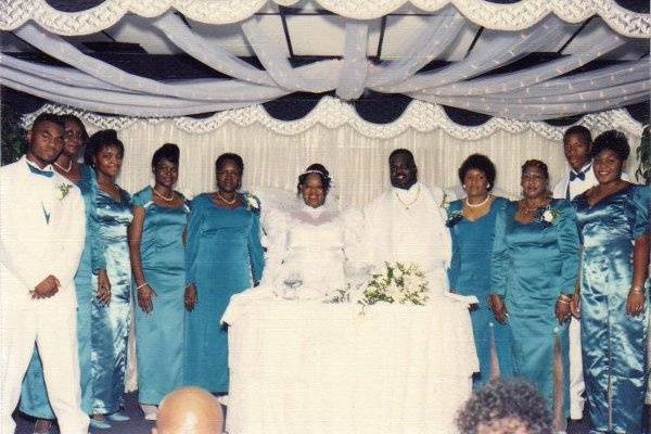 Couple and wedding attendants