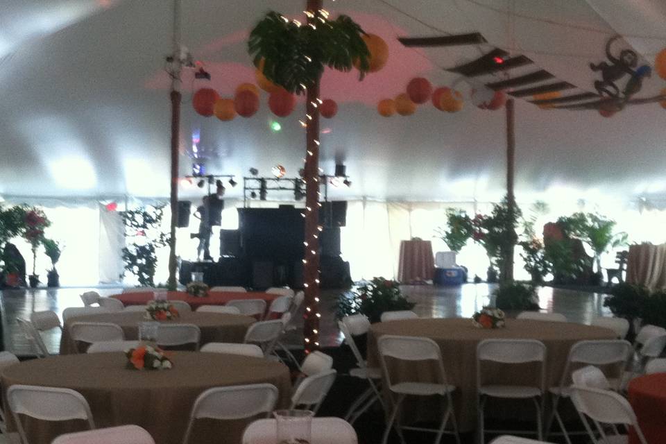 Wedding reception with Chinese lanterns and oak dance floor