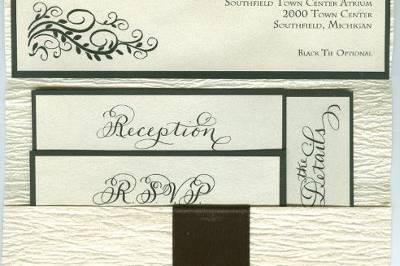 Beautiful calligraphy in this stunning tri-fold invitation. Hand-designed bird image, flourishes, and special calligraphy for the couple's names.  Stunning!