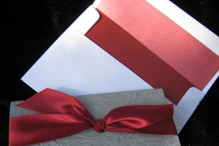 Crimson and silver crinkle tri-fold invitation