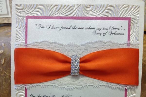 Pretty lace , colorful satin ribbon and rhinestone buckle for this cool invite.