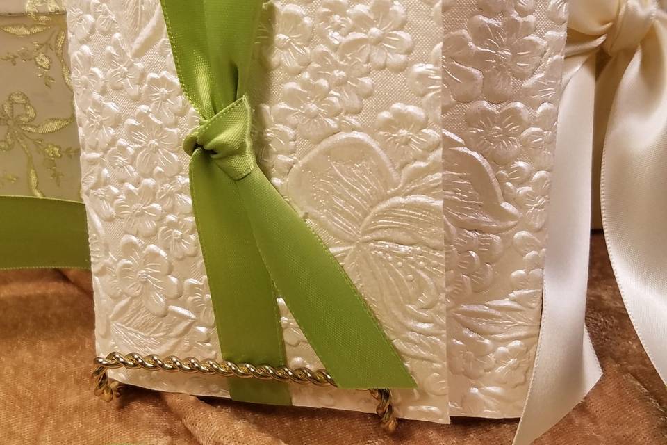 Petite tri-fold in floral embossed handmade paper with yummy green ribbon surround.