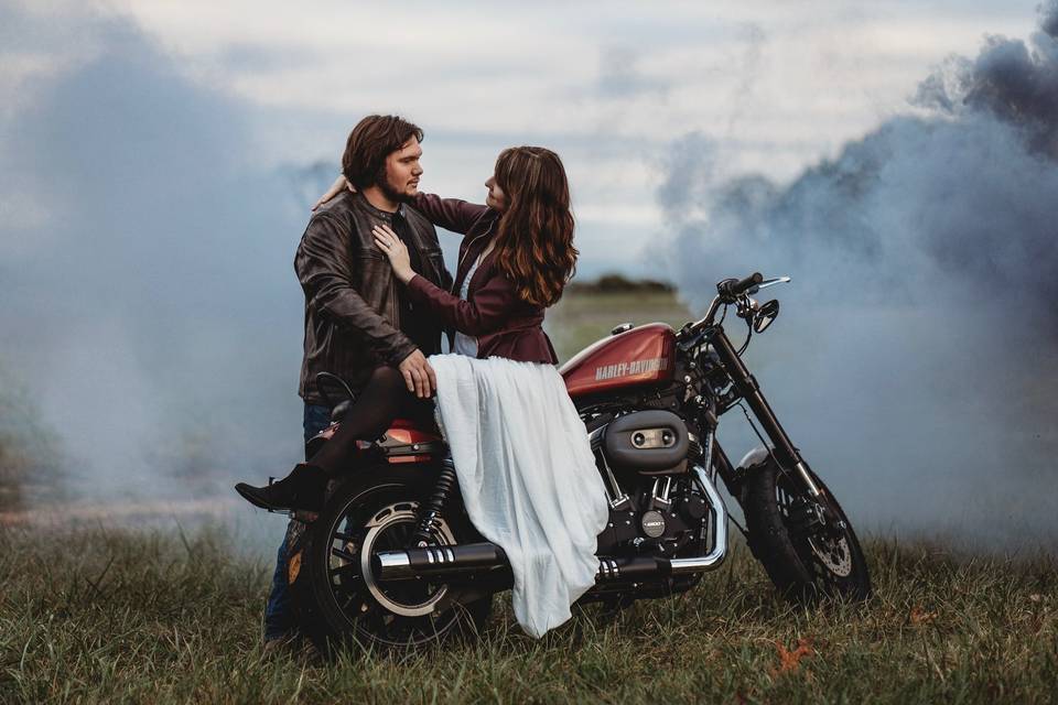 Engaged couple on motorbike