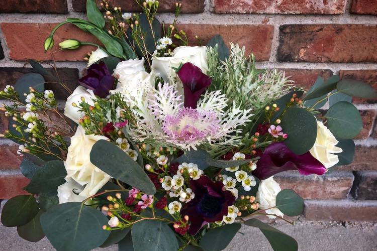 Burgundy and white flowers