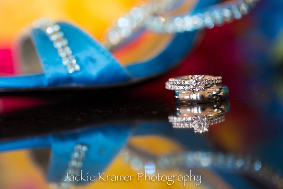 Wedding rings with blue shoes & rhinestones