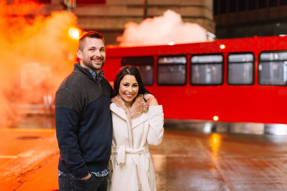 Downtown Pittsburgh winter night time engagement session