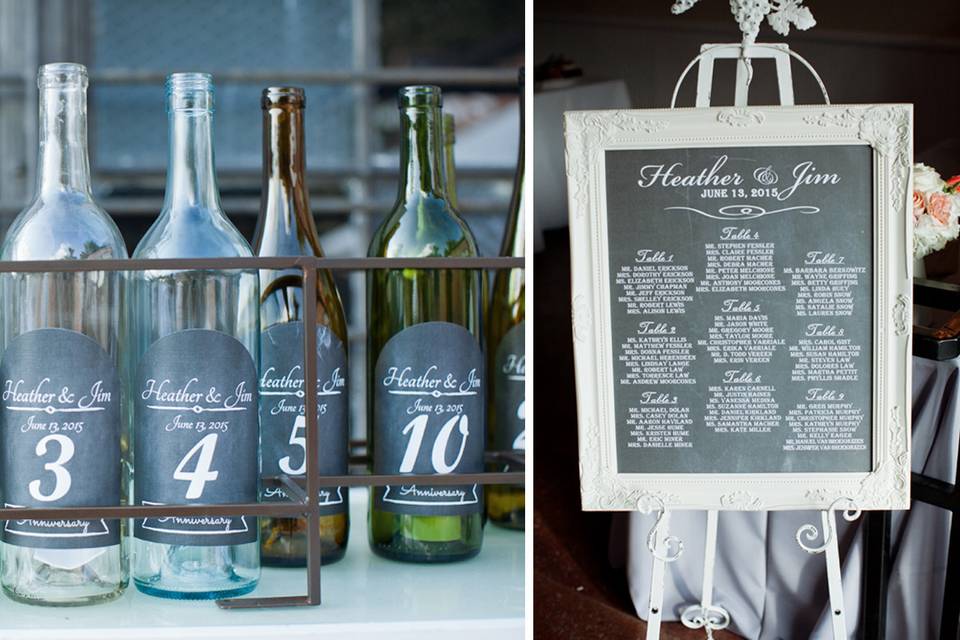 We loved creating this chalkboard inspired Guest seating board and wine bottle Anniversary Wishes sign-in station. The Bride and groom are going to love busting open these bottles every year and reading these notes from their wedding day!