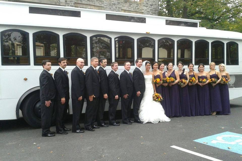 Newlyweds, bridesmaids, and groomsmen outside the trolley