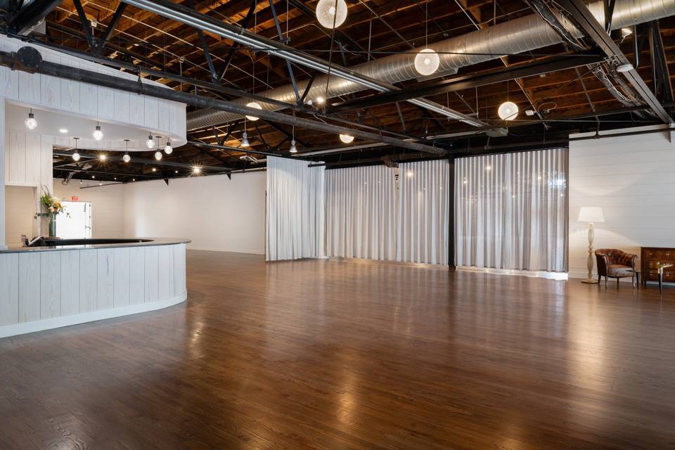 Event space with open curtain