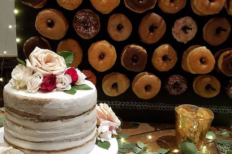 Donut wall and naked wedding cake