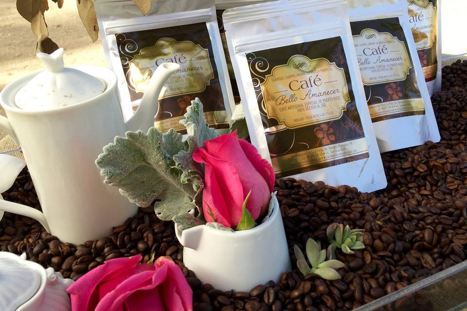 Café Bello Amanecer, 100% Artisanal Puerto Rican Coffee. Perfect gift as a wedding favors for your out of town guests. Sizes: 4 ounces - $5.99  & 2 ounces $3.49