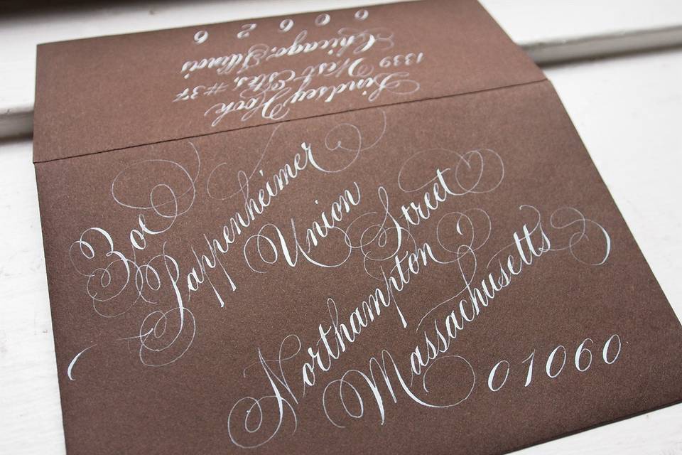 Light blue ink in a shaded Spencerian script on a brown envelope