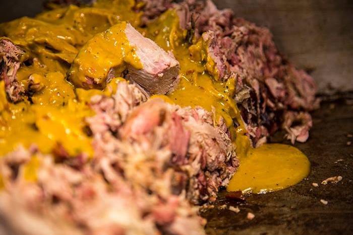 Pulled pork basted in that tangy mustard sauce