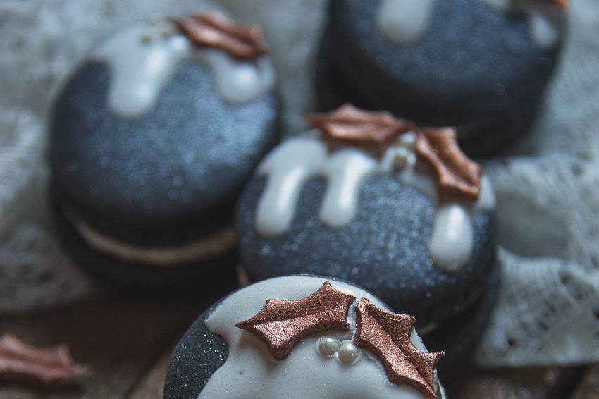 These classic Christmas macarons were a special order for a client. Their party theme was black with copper accents.
