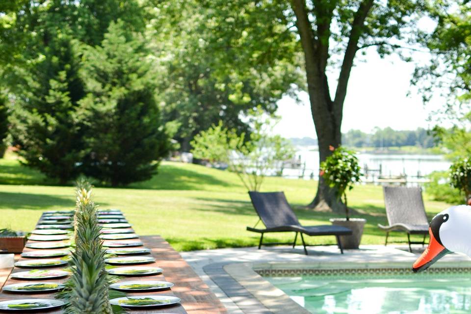 Long table by the pool