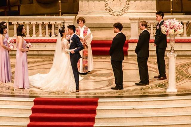 Couple's wedding traditional kiss
