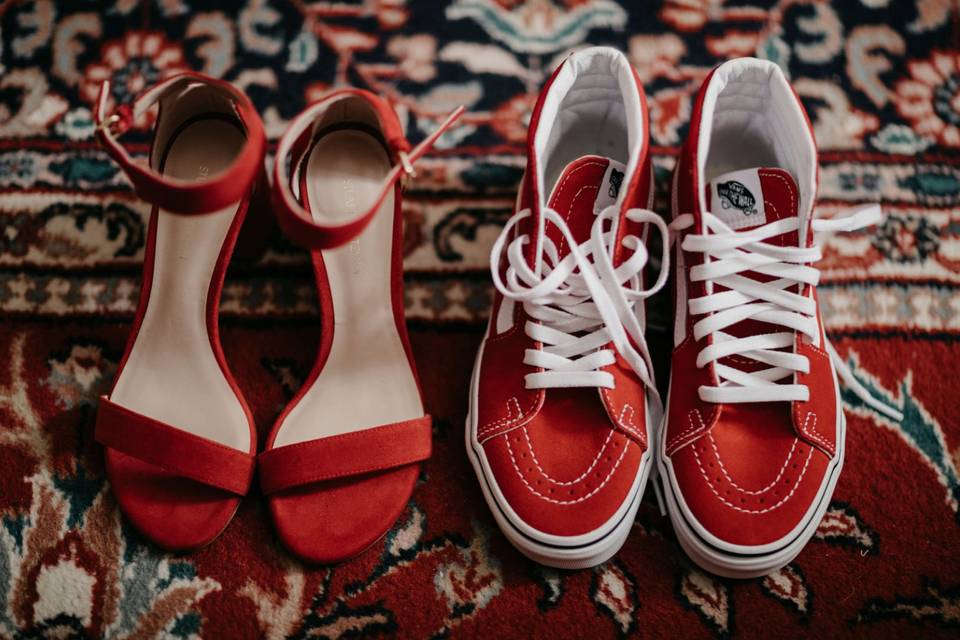 Couple's matching red wedding shoes