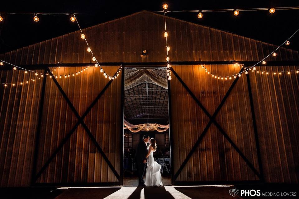 Newlyweds kiss by the oak trees