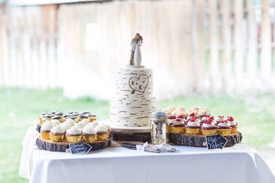 Buttercream birch tree with wedding cucpcakes