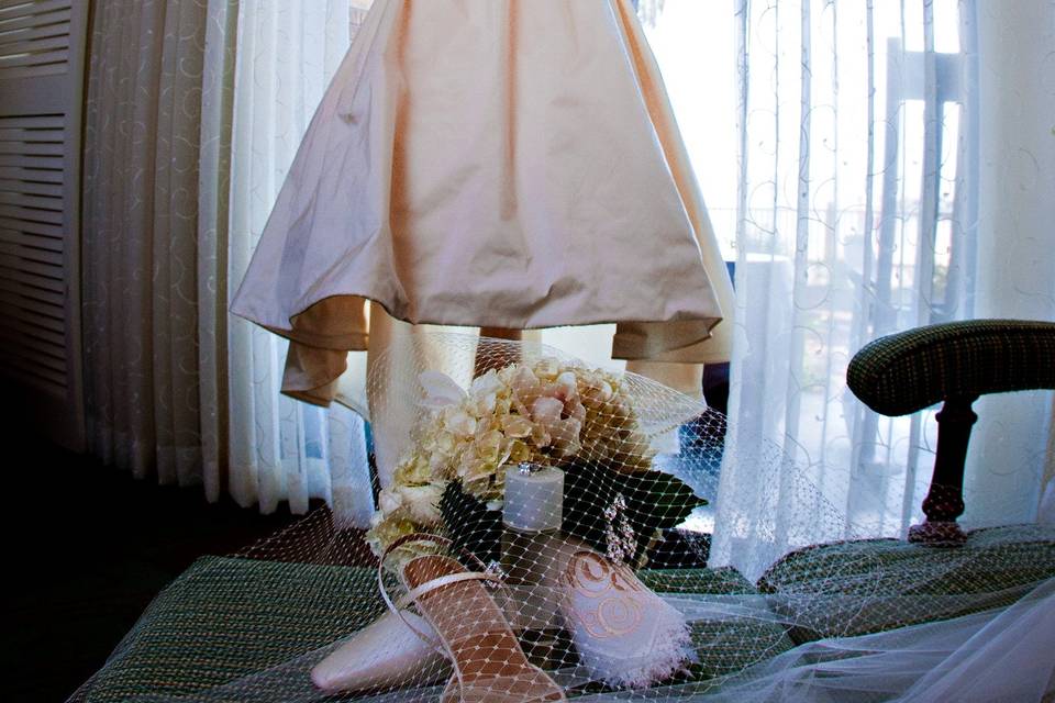 Wedding gown, wedding shoes, wedding jewelry