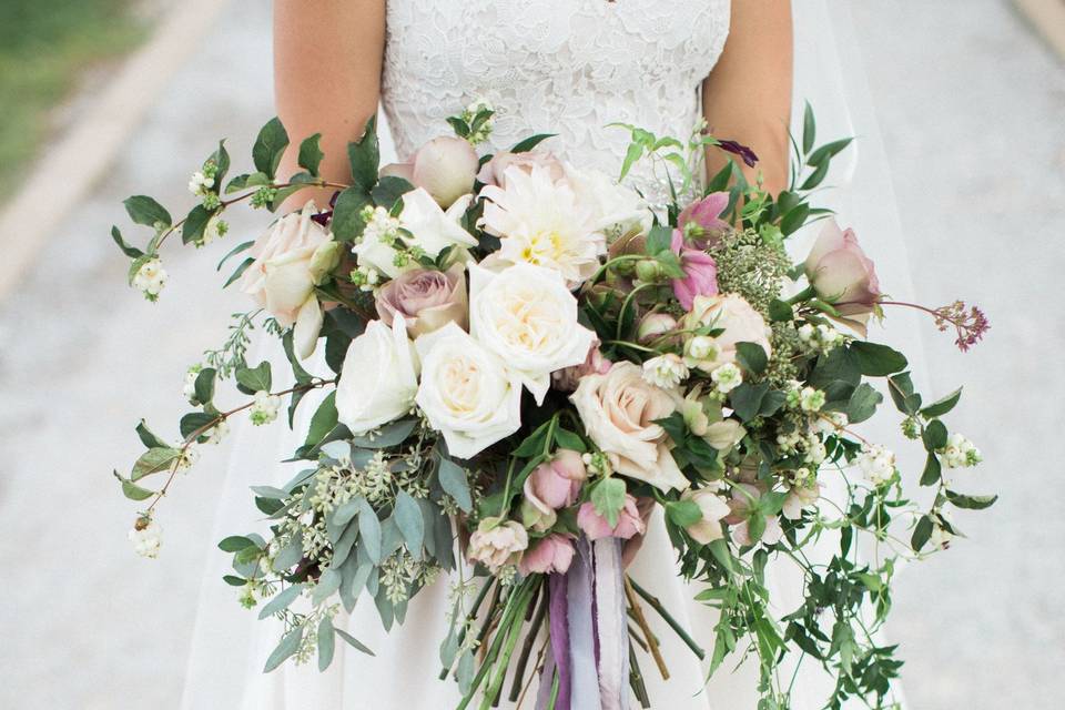 Wedding dress and bouquet