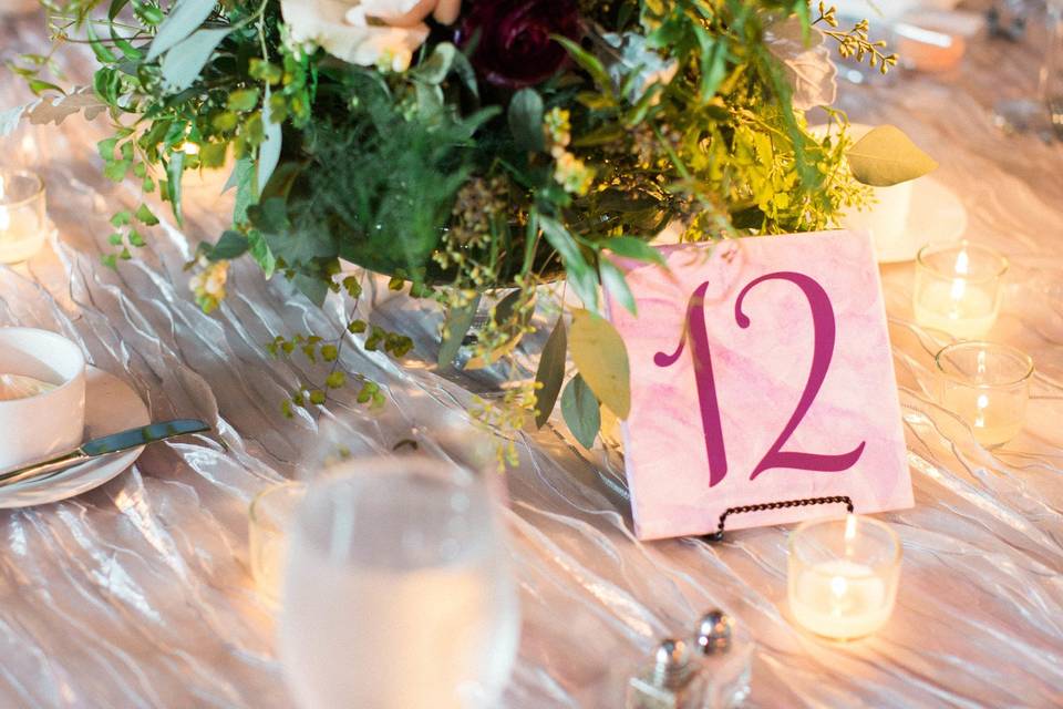 Table number and floral centerpiece