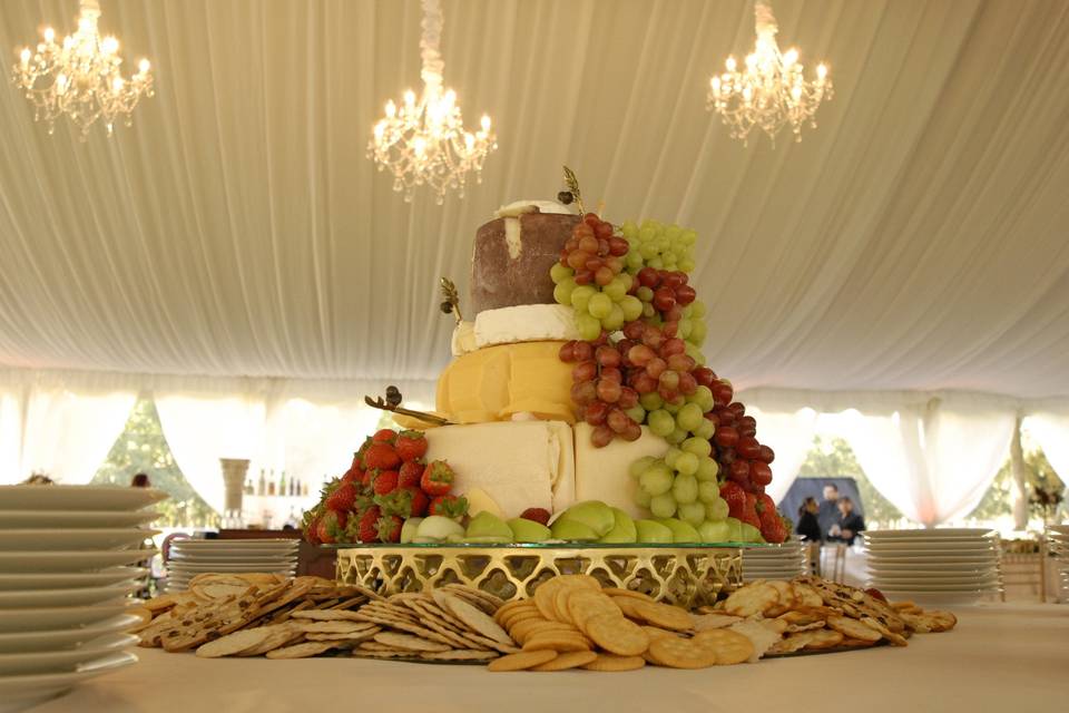 Tiered cake of gourmet cheese per our bride's request