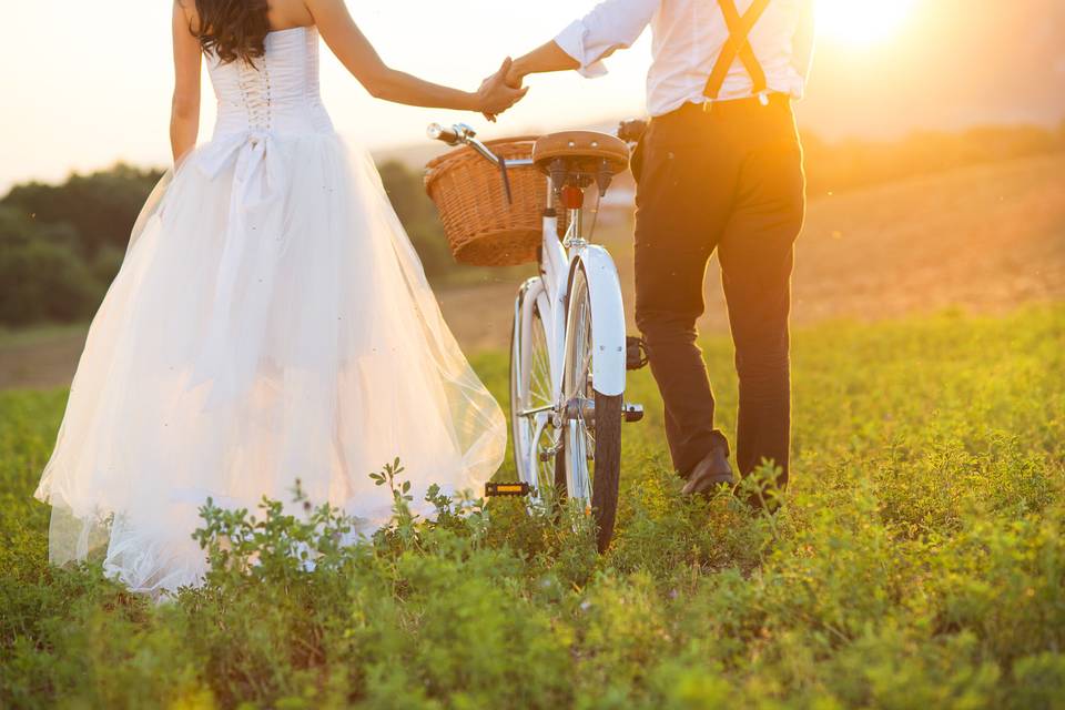 Couple walking with a bike