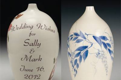 Wedding Wish Vase© hand formed and painted porcelain vase to receive your keepsake messages. Featuring 