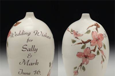 Wedding Wish Vase© hand formed and painted porcelain vase to receive your keepsake messages. Featuring 