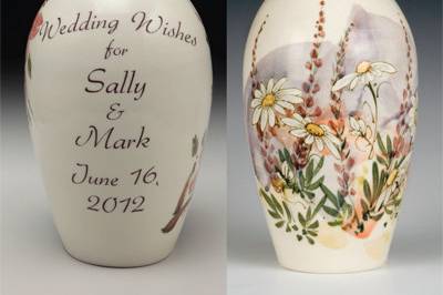 Wedding Wish Vase© hand formed and painted porcelain vase to receive your keepsake messages. Featuring 