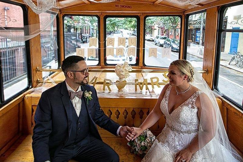 Interior of gray trolley