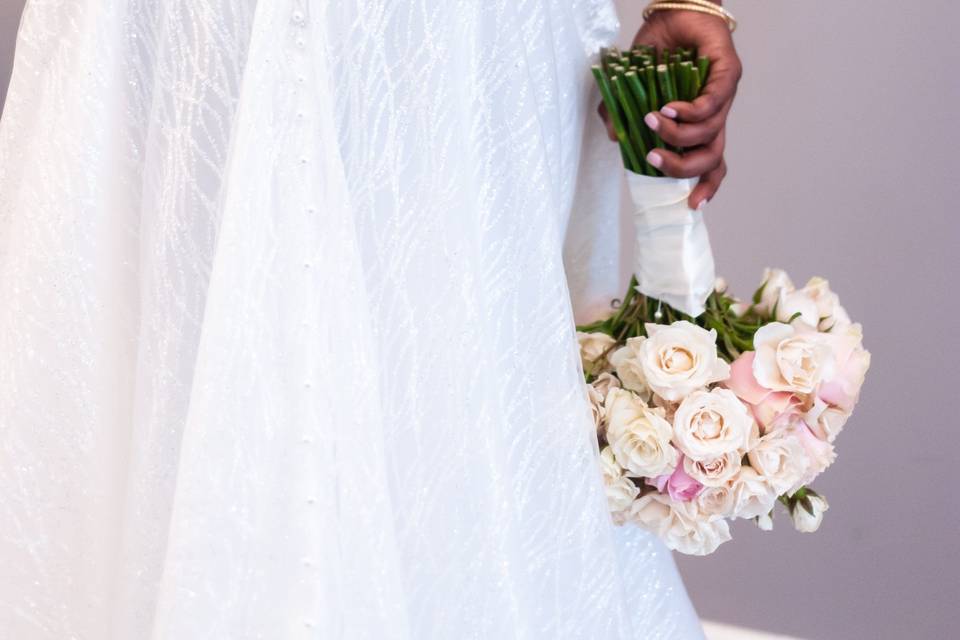 Wedding dress and bouquet
