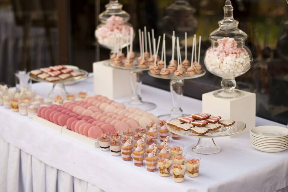 Pink gold white dessert table